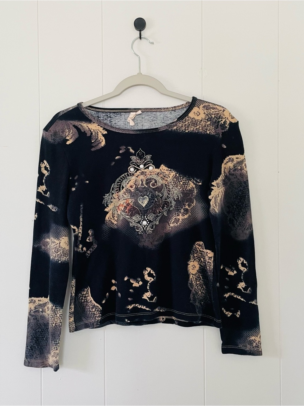 Susan Lawrence Black Long Sleeve Top with Tan Abstract Medallion